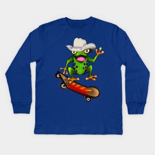 Frog - Kawaii Froggy Skateboarding Cute Frog Texas cowboy hat Funny toad toads amphibian tadpole Green Red eyed tree frogs rain forest Lizard dragon zoology gift frog Kids Long Sleeve T-Shirt